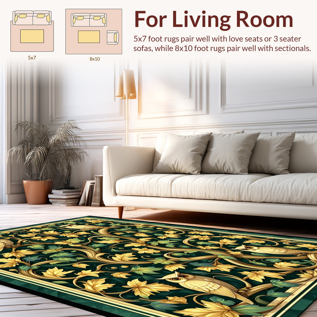 Golden Owl With Leafy Vine Pattern Rug