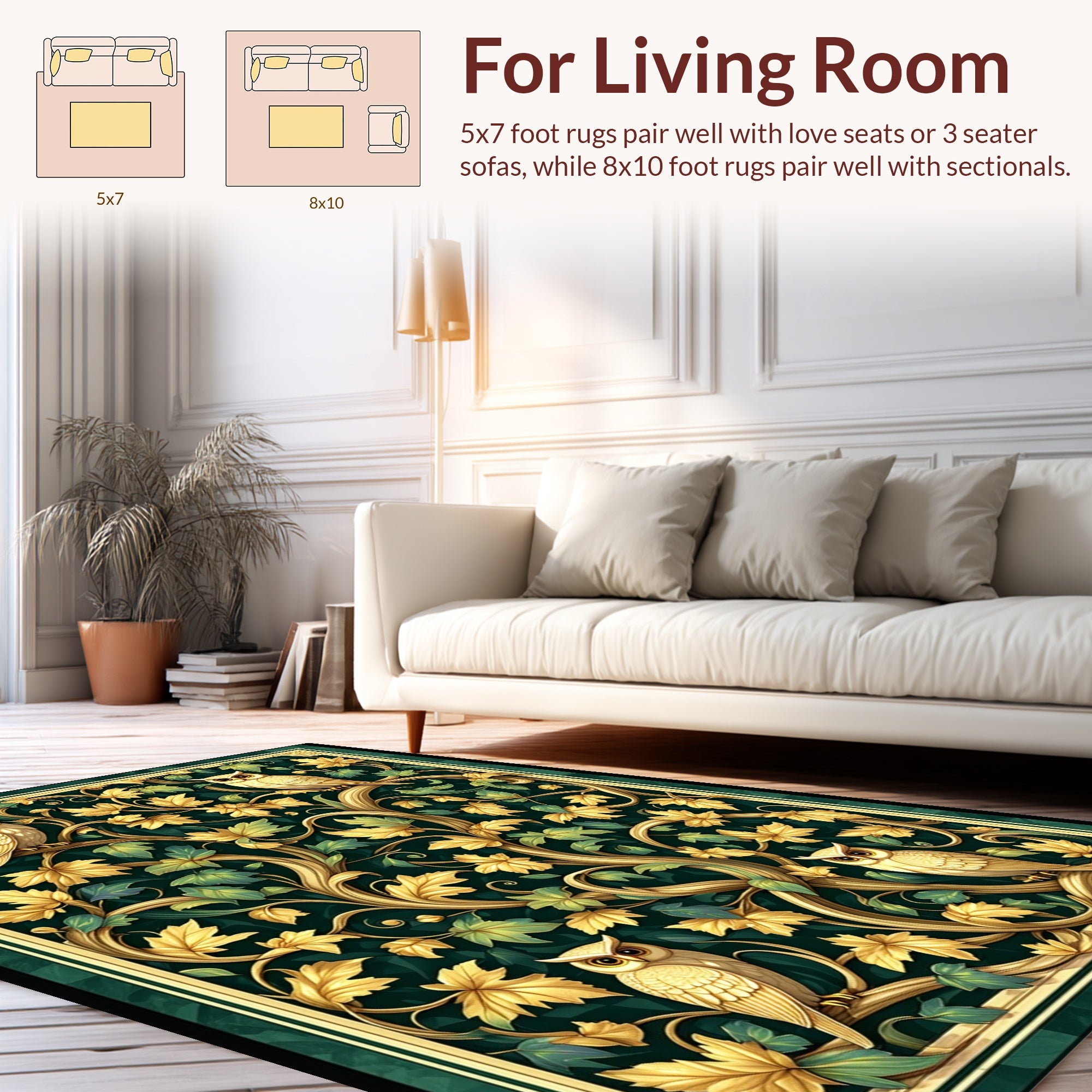 Golden Owl With Leafy Vine Pattern Rug