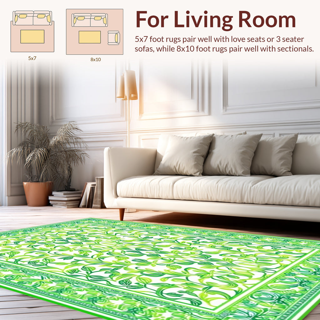 Lush Green Floral Vine Pattern Rug