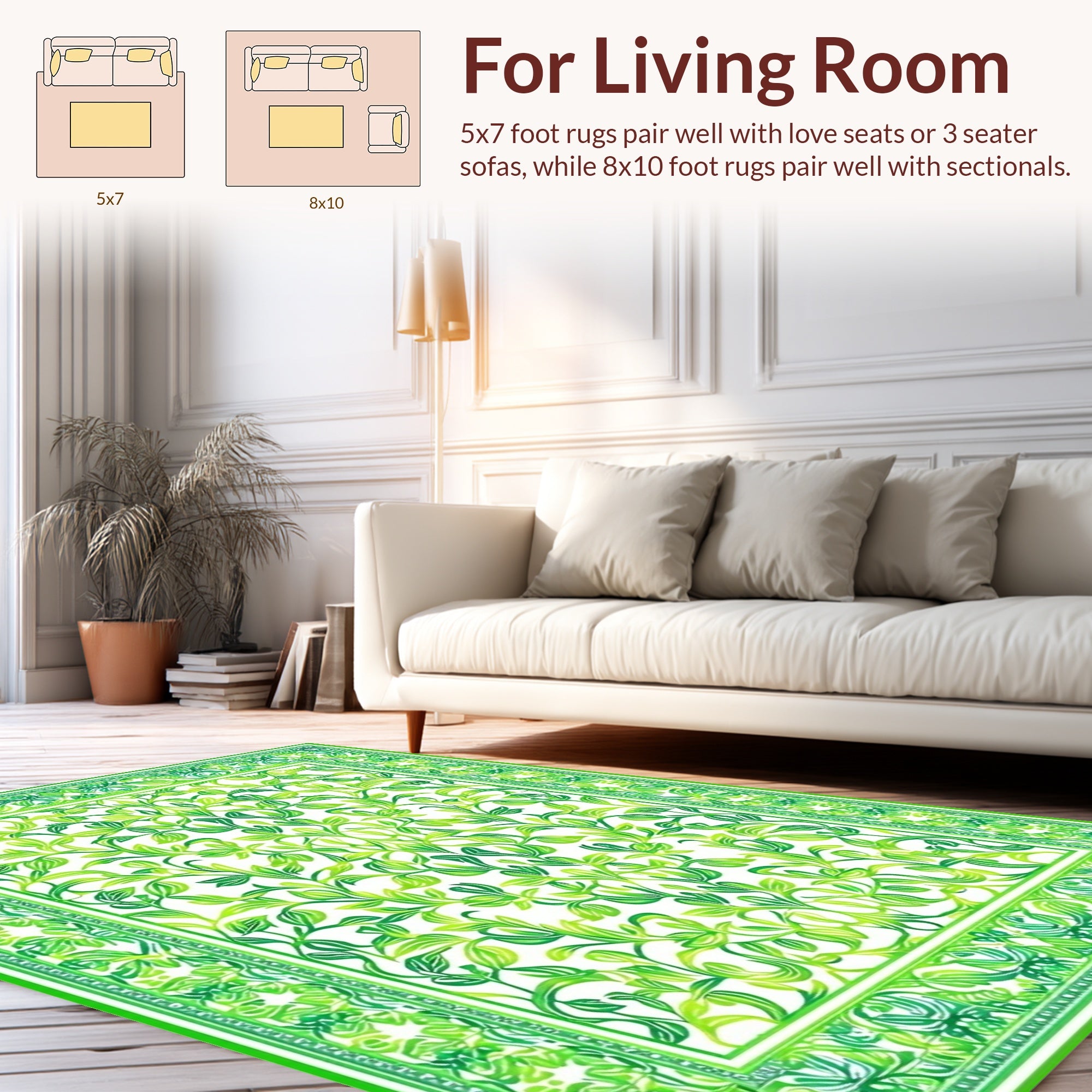 Lush Green Floral Vine Pattern Rug