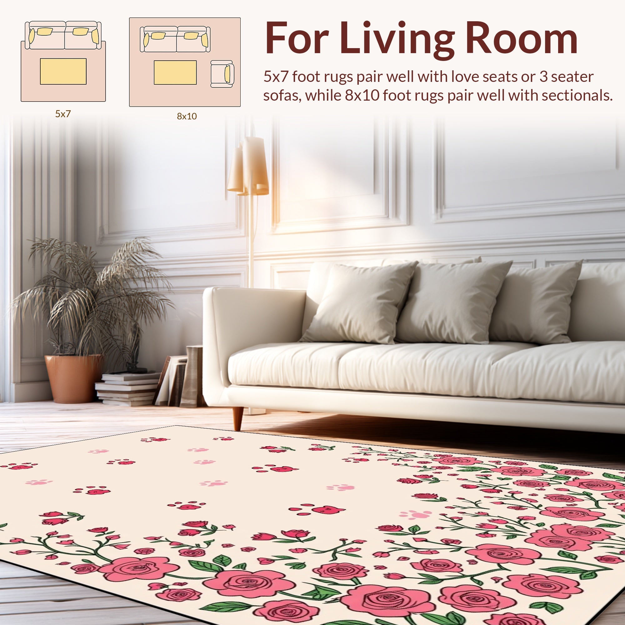 Pink Roses and Paw Prints Pattern Rug
