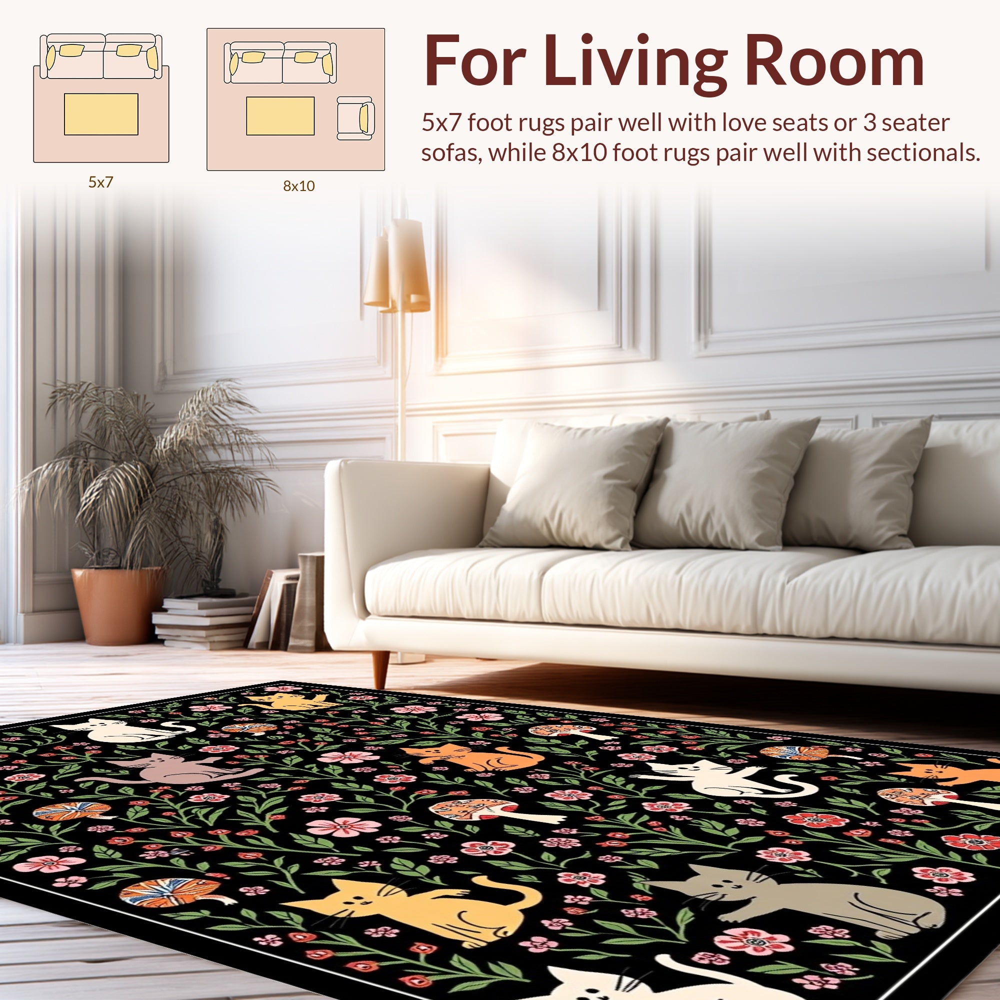 Whimsical Cat and Mushroom Garden Print Rug