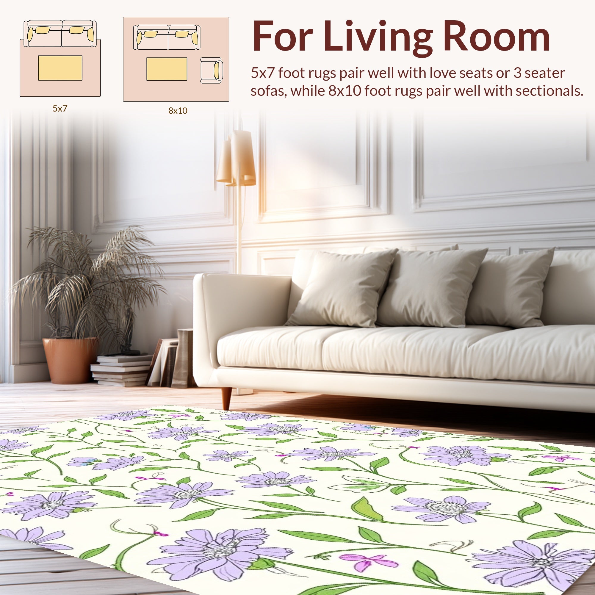 Floral Vine Lavender Daisy Pattern Rug