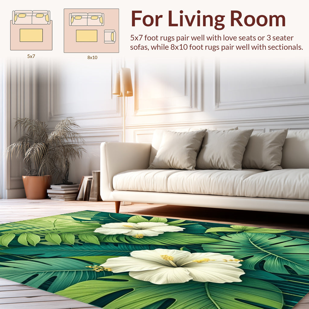 White Hibiscus Tropical Jungle Botanical Rug