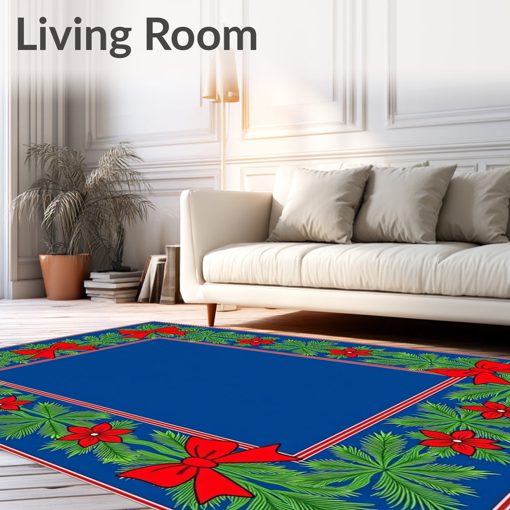 Festive Red Bow Green Pine Frame Rug