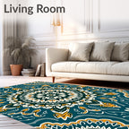Teal White Gold Burst Mandala Rug