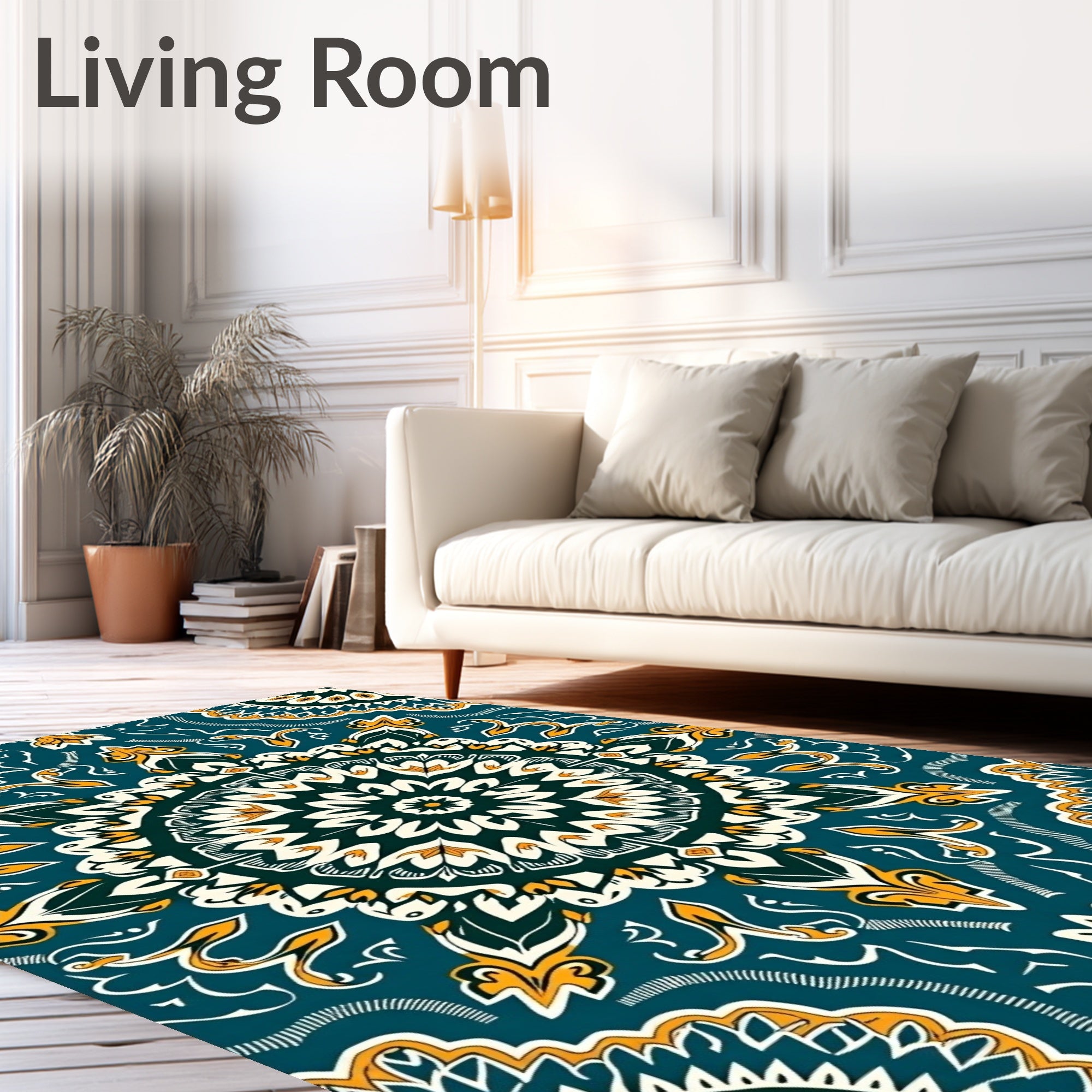 Teal White Gold Burst Mandala Rug