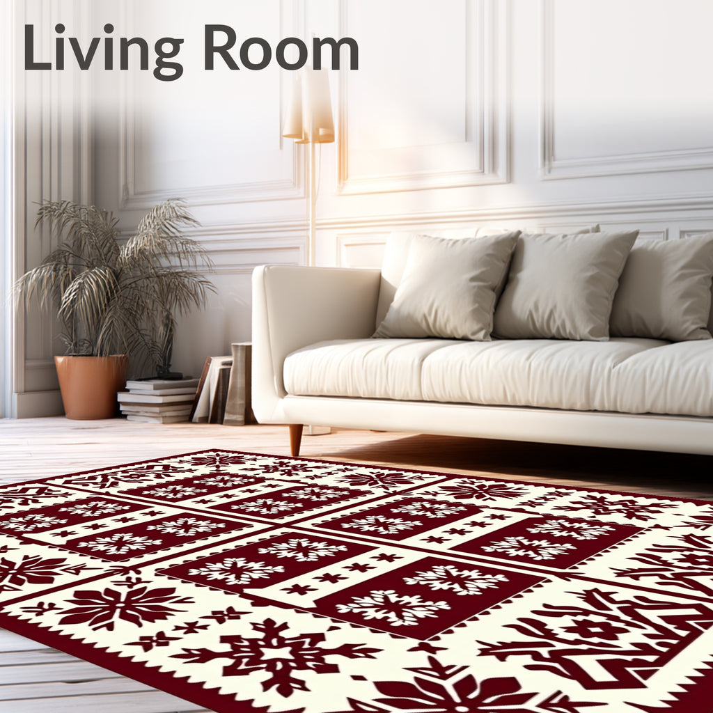 Deep Red Snowflake Folk Art Rug