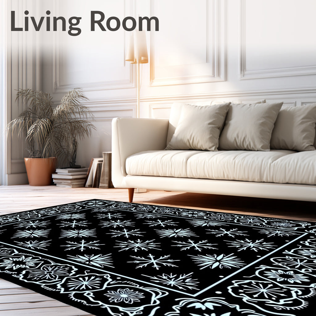 Black White Snowflake Floral Border Rug