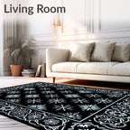 Black White Snowflake Floral Border Rug