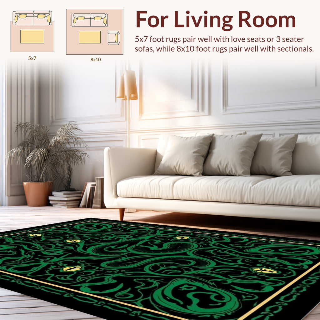 Mystical Green Serpent Floral Pattern Rug
