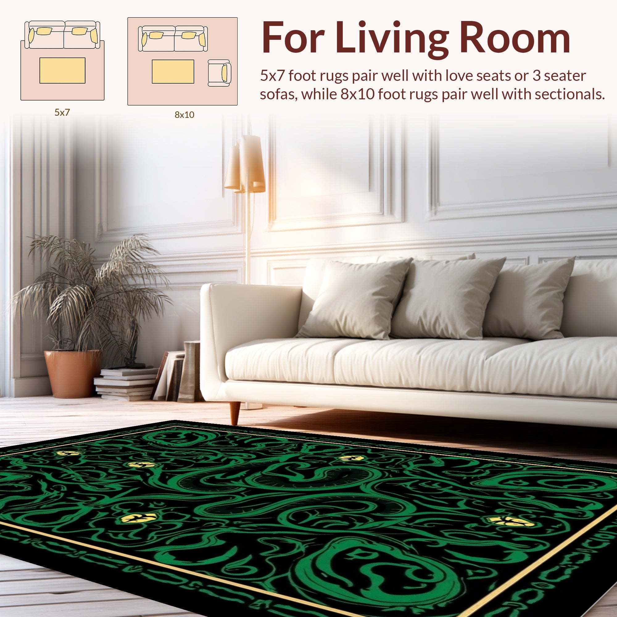 Mystical Green Serpent Floral Pattern Rug