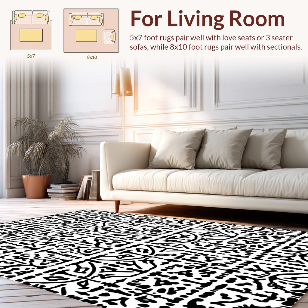Black White Intricate Folk Pattern Rug