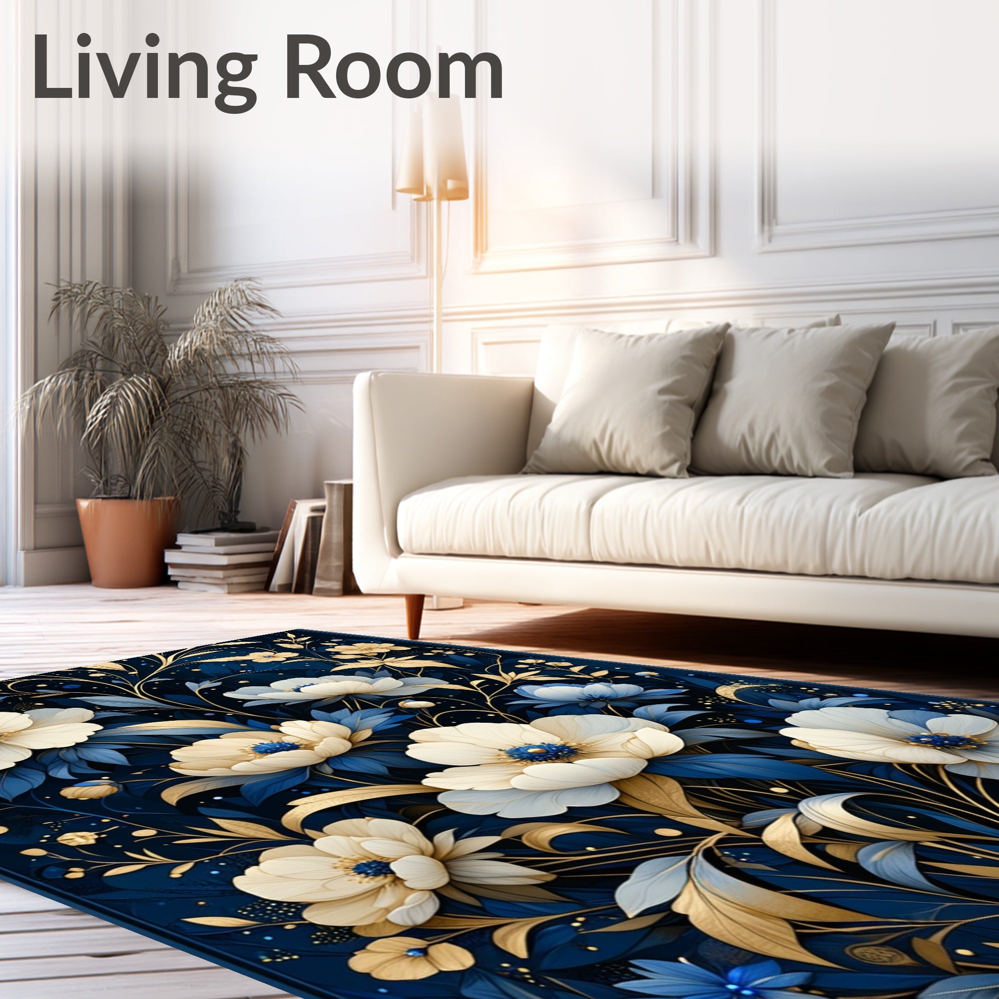 Elegant Floral Cobalt Gold Pattern Rug