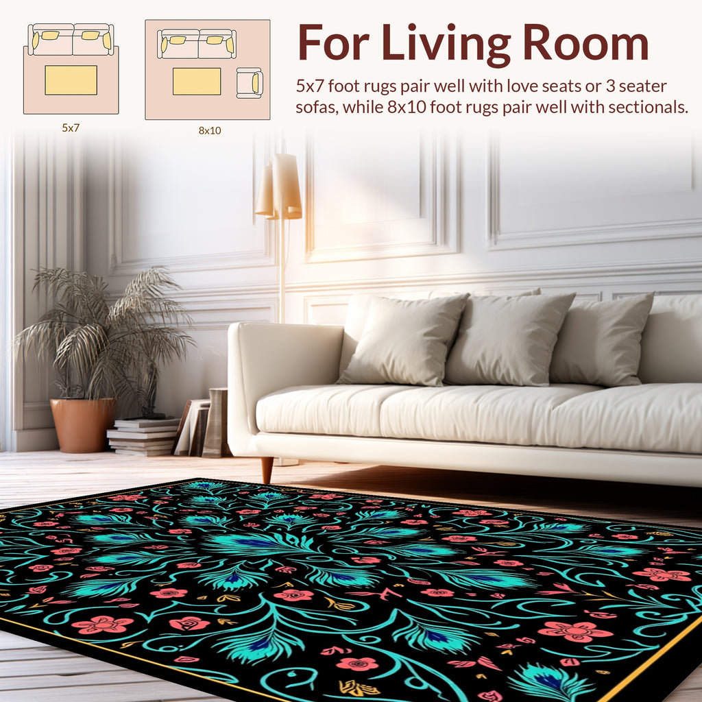 Vibrant Peacock Feather Floral Pattern Rug