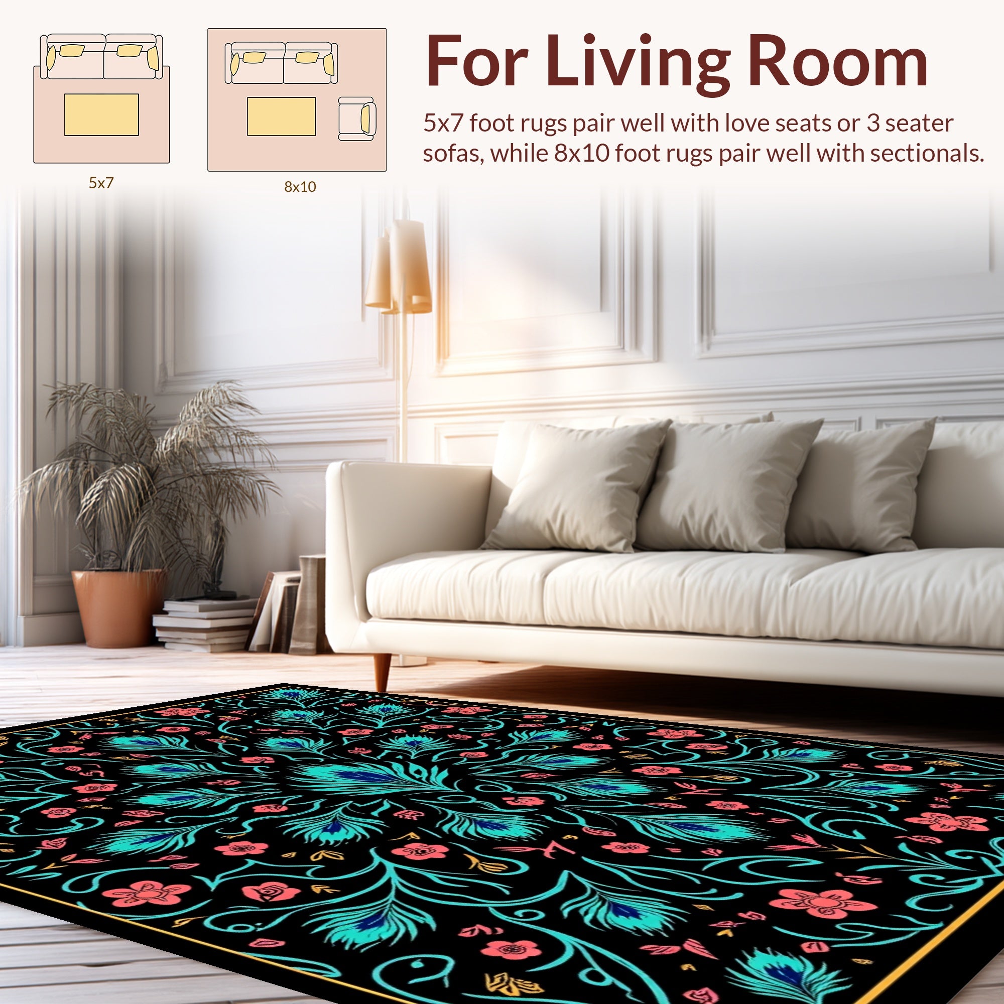 Vibrant Peacock Feather Floral Pattern Rug