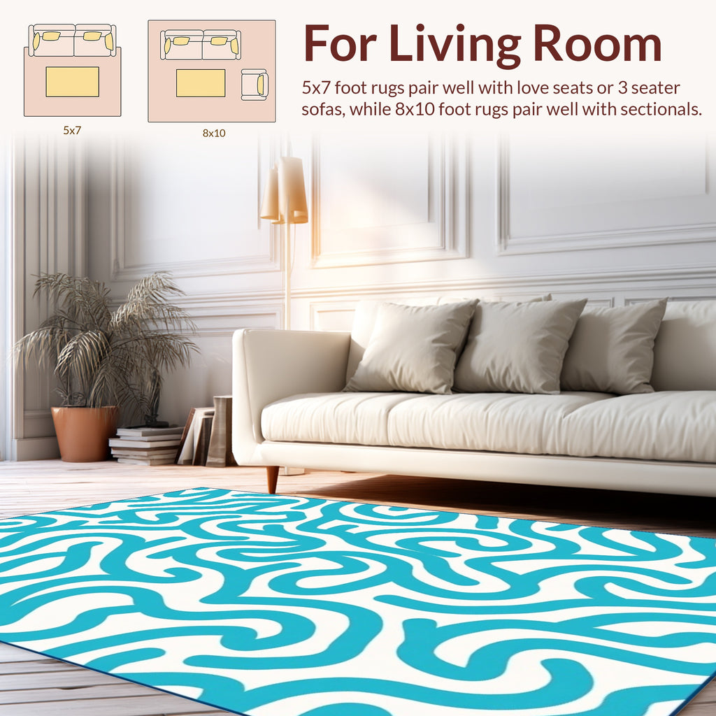 Abstract Blue Wavy Line Design Rug
