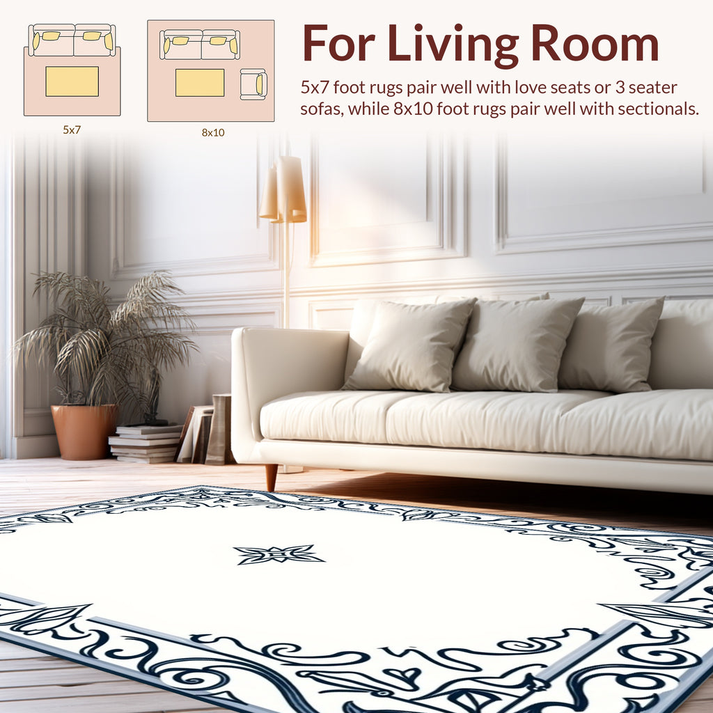 Ornate Cobalt Scroll Bloom Design Rug