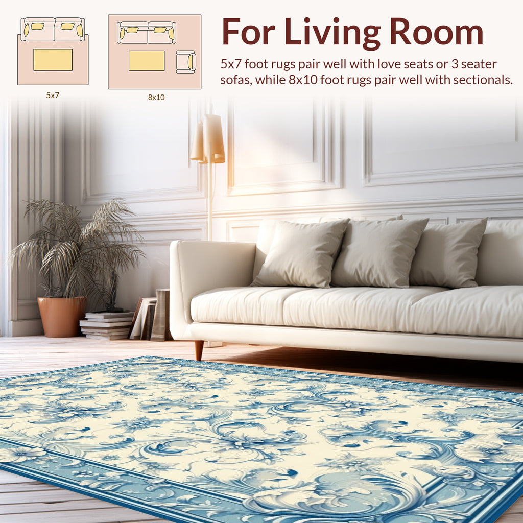 Elegant Blue White Floral Pattern Rug