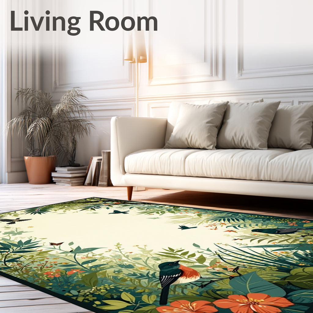 Lush Woodland Birds Floral Scenes Rug