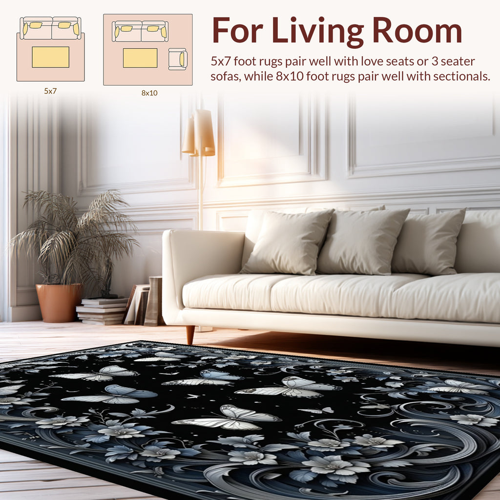 Elegant Silver Butterfly Floral Design Rug
