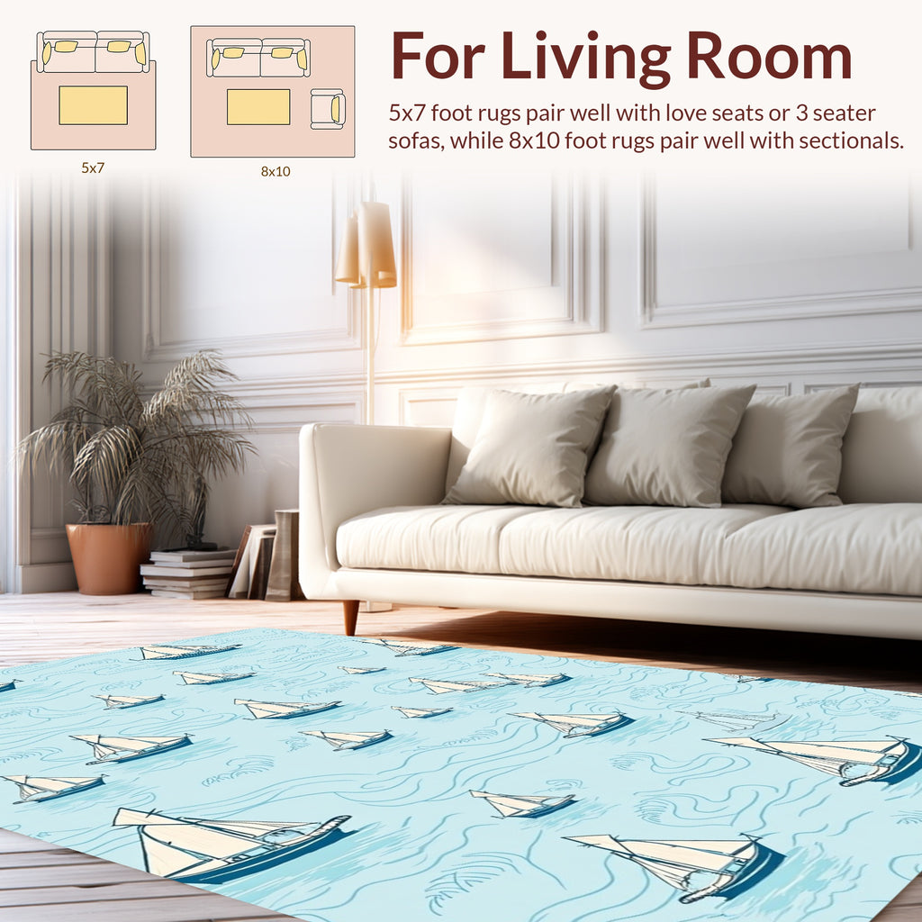 Sailboat Pattern Nautical Blue Water Rug