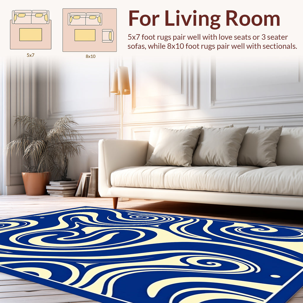 Dynamic Blue Cream Swirl Pattern Rug