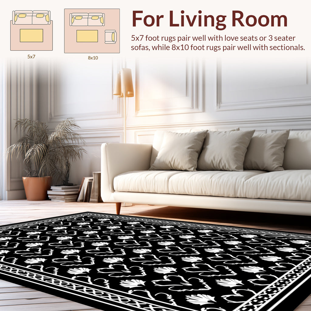 White Ornamental Hearts On Black Rug