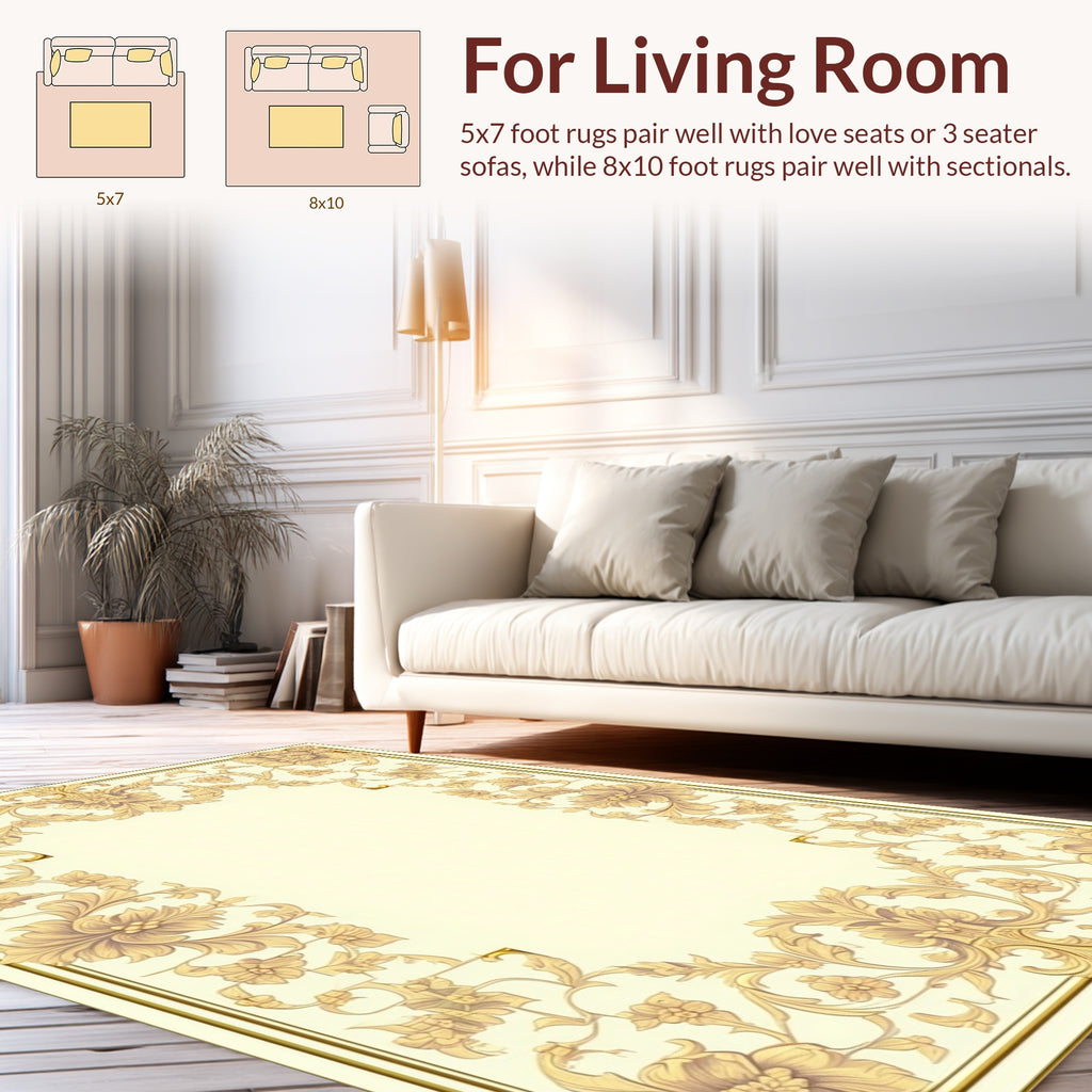 Elegant Golden Floral Scrollwork Frame Rug