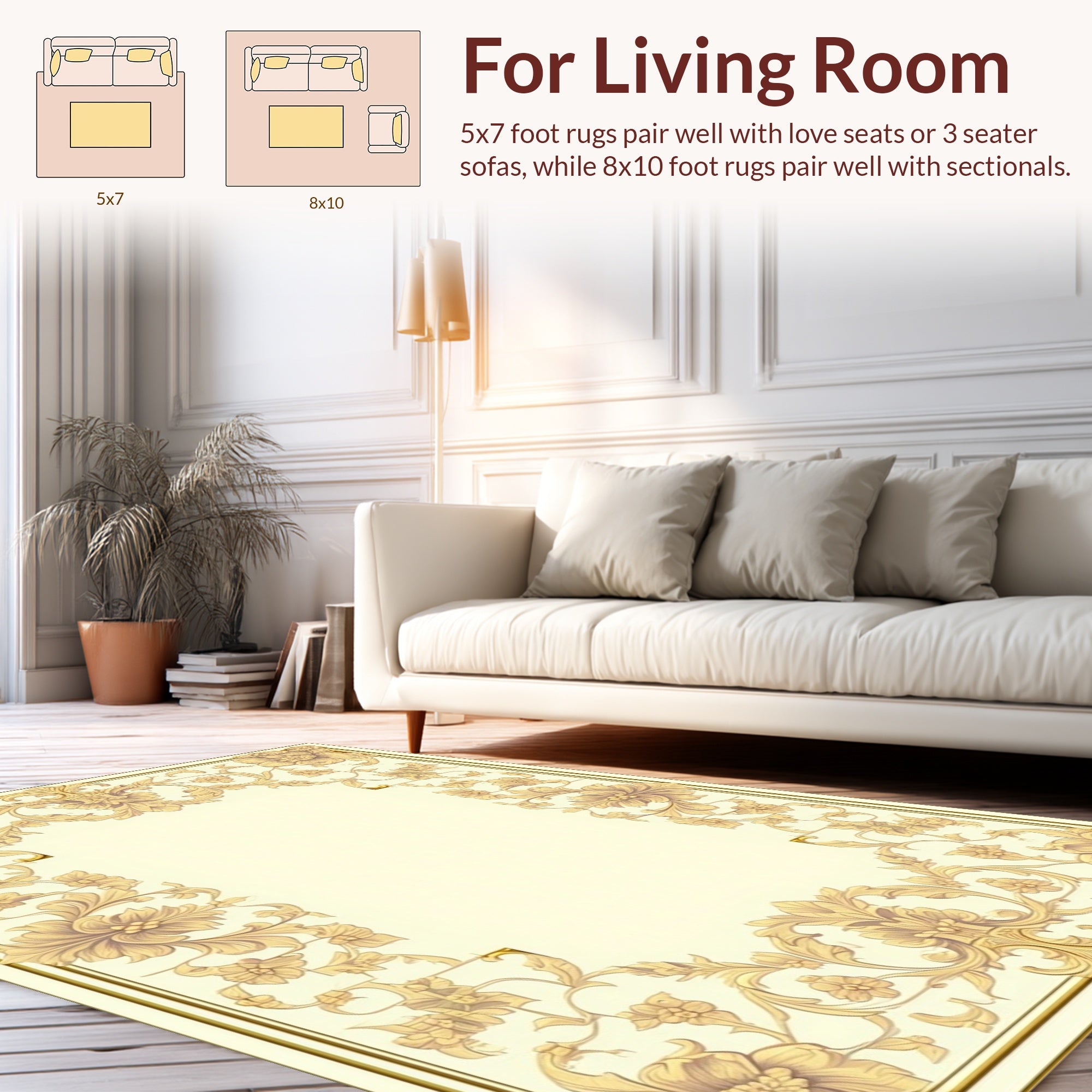 Elegant Golden Floral Scrollwork Frame Rug