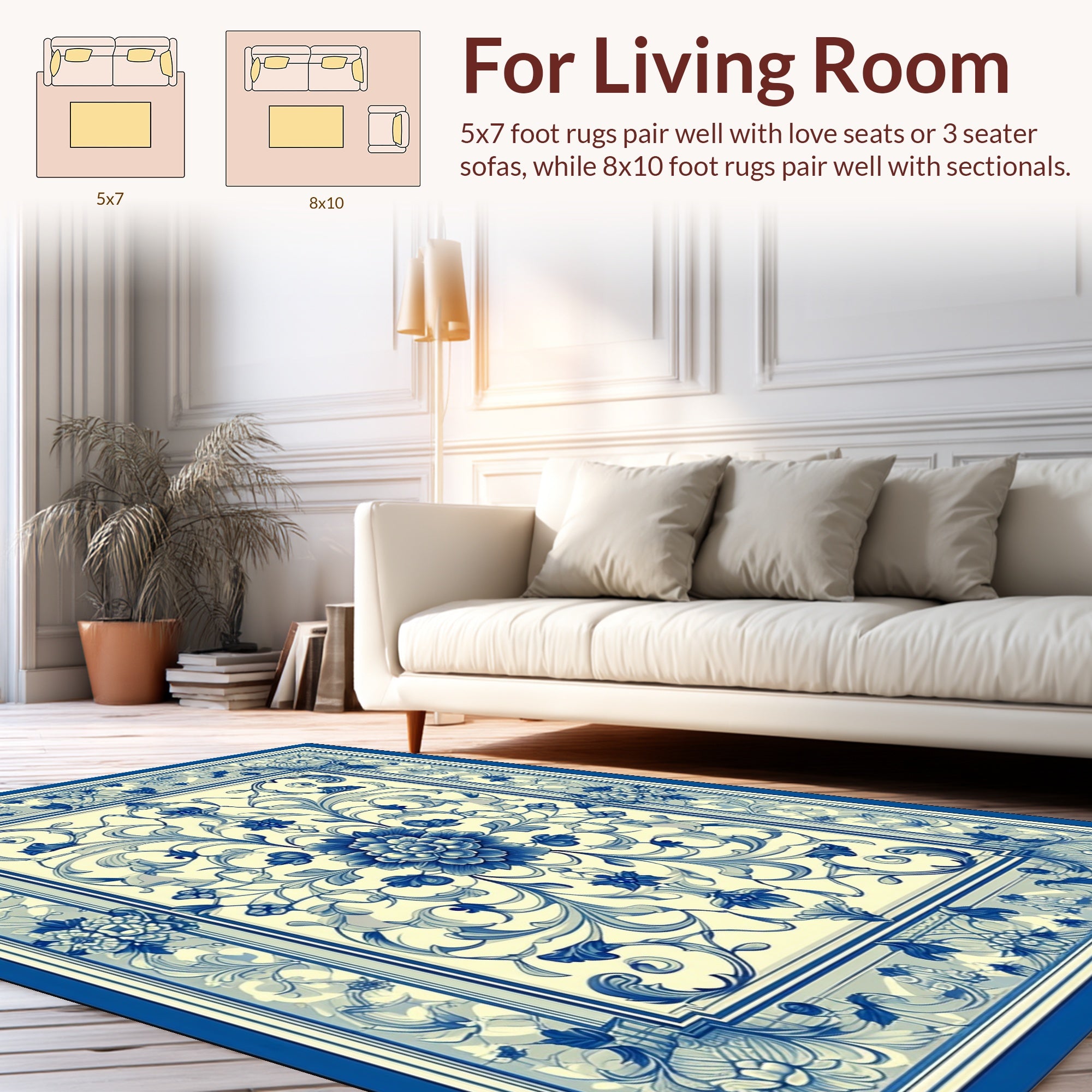 Blue and Cream Floral Vine Pattern Rug