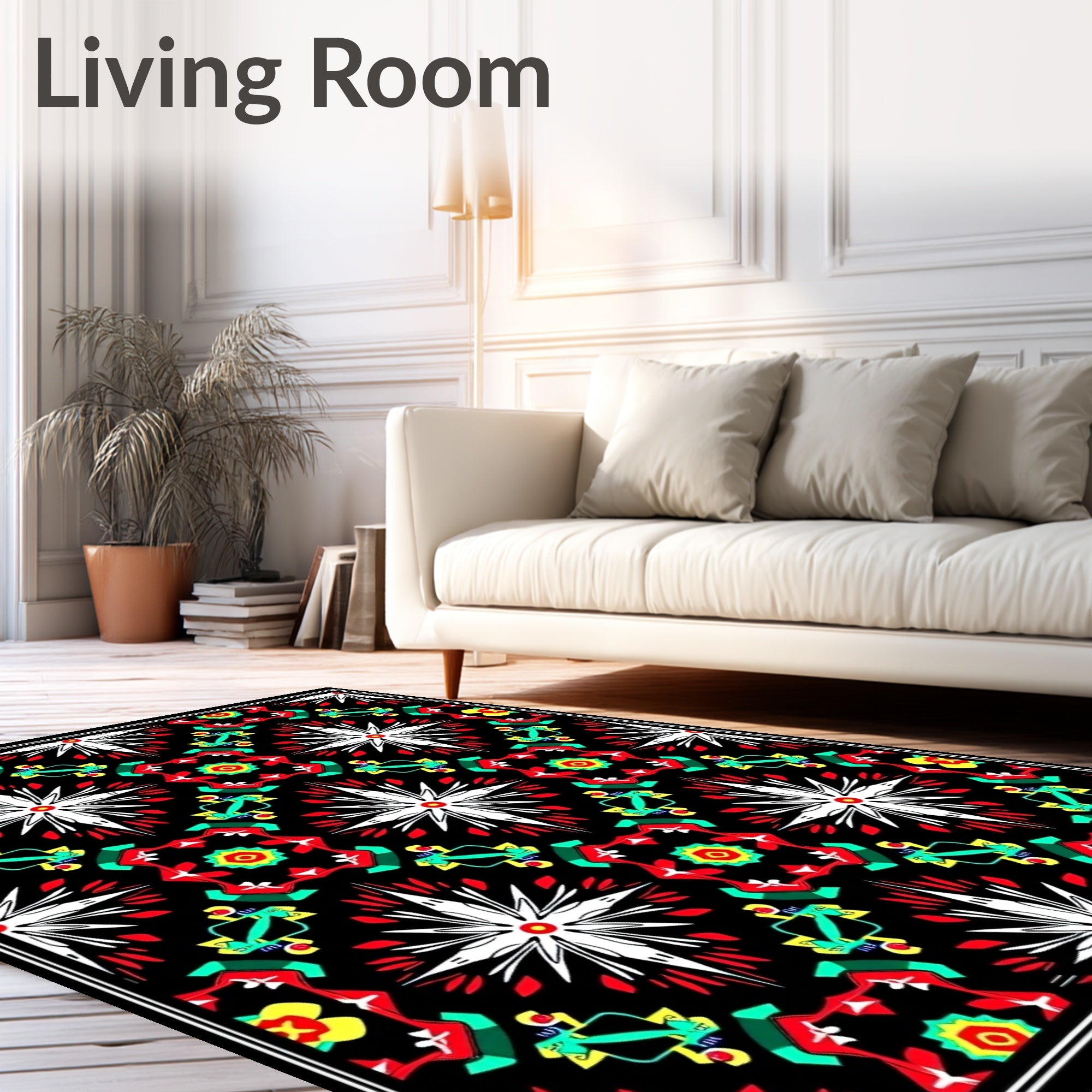 Bold Black Red White Geometric Medallion Rug