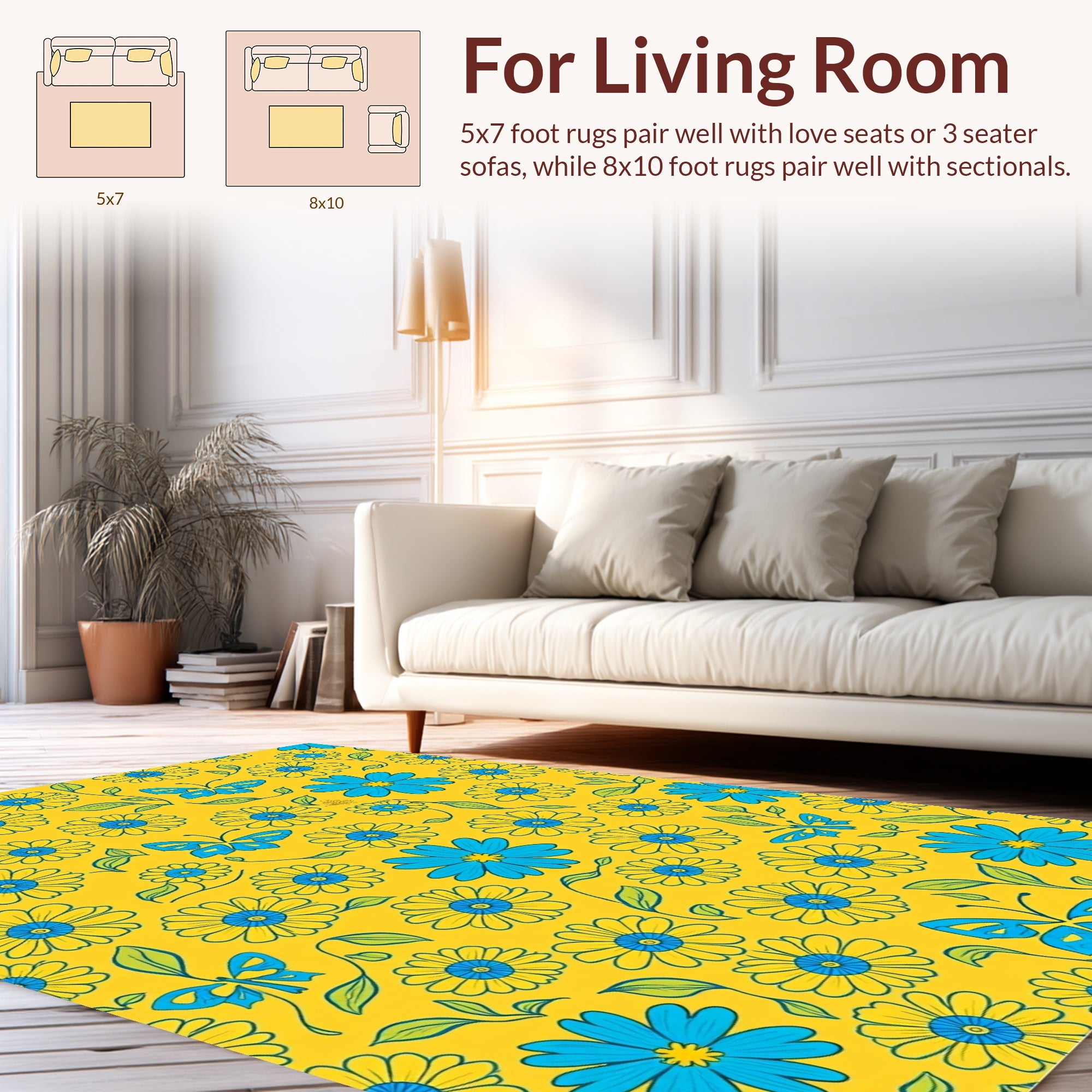 Yellow Blue Flower Butterfly Pattern Rug