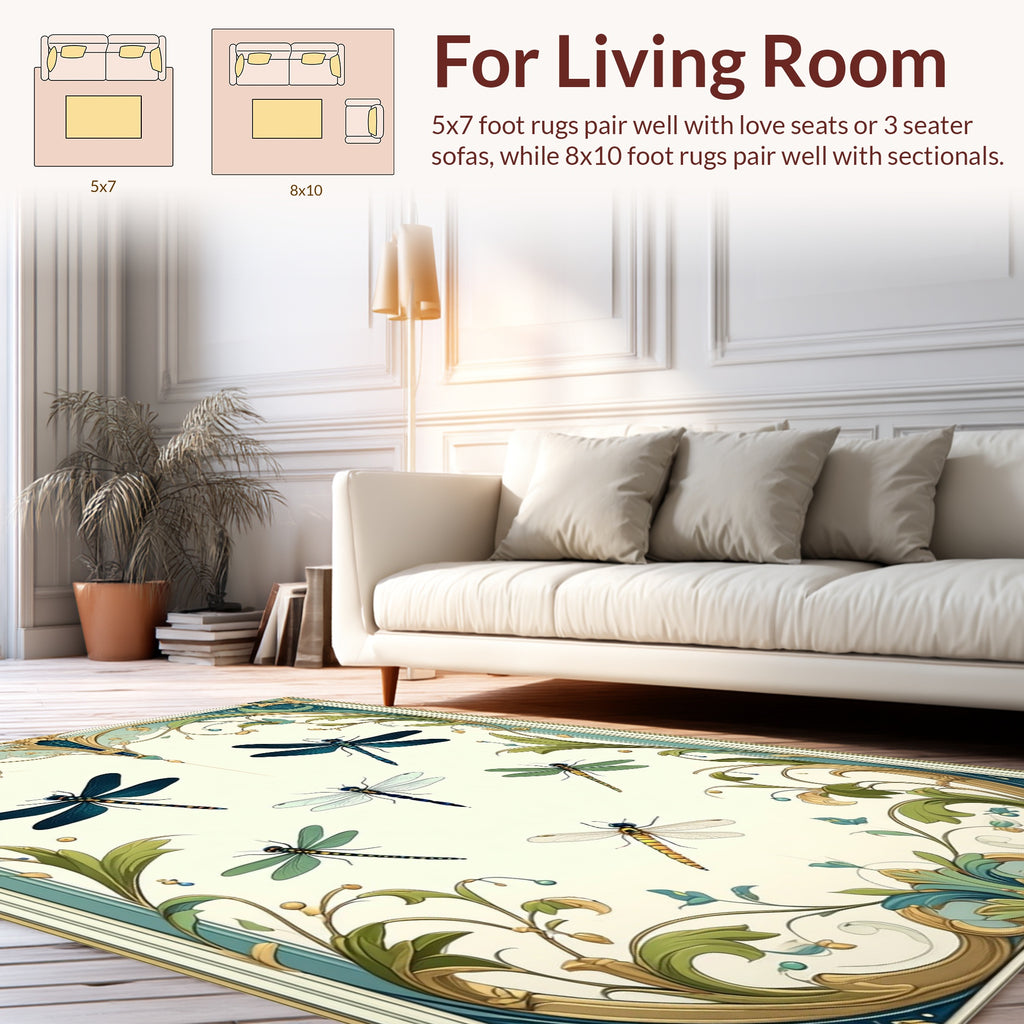 Dragonfly In Frame Floral Motif Design Rug