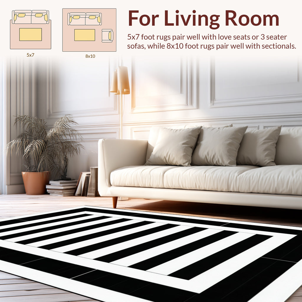 Chic Black White Striped Frame Rug