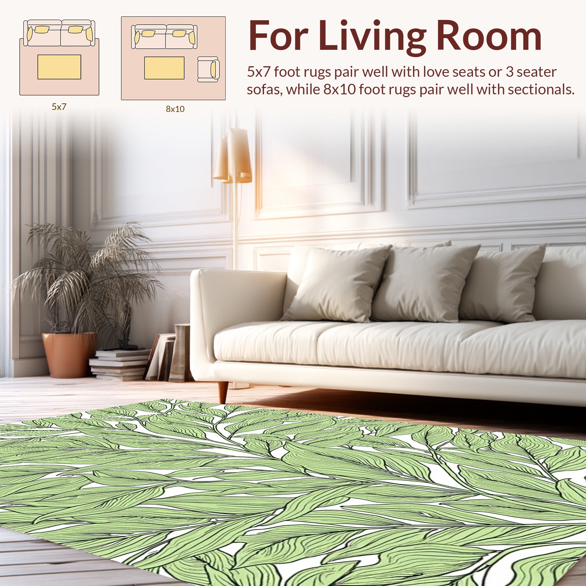 Lush Green Leaf Line Art Rug