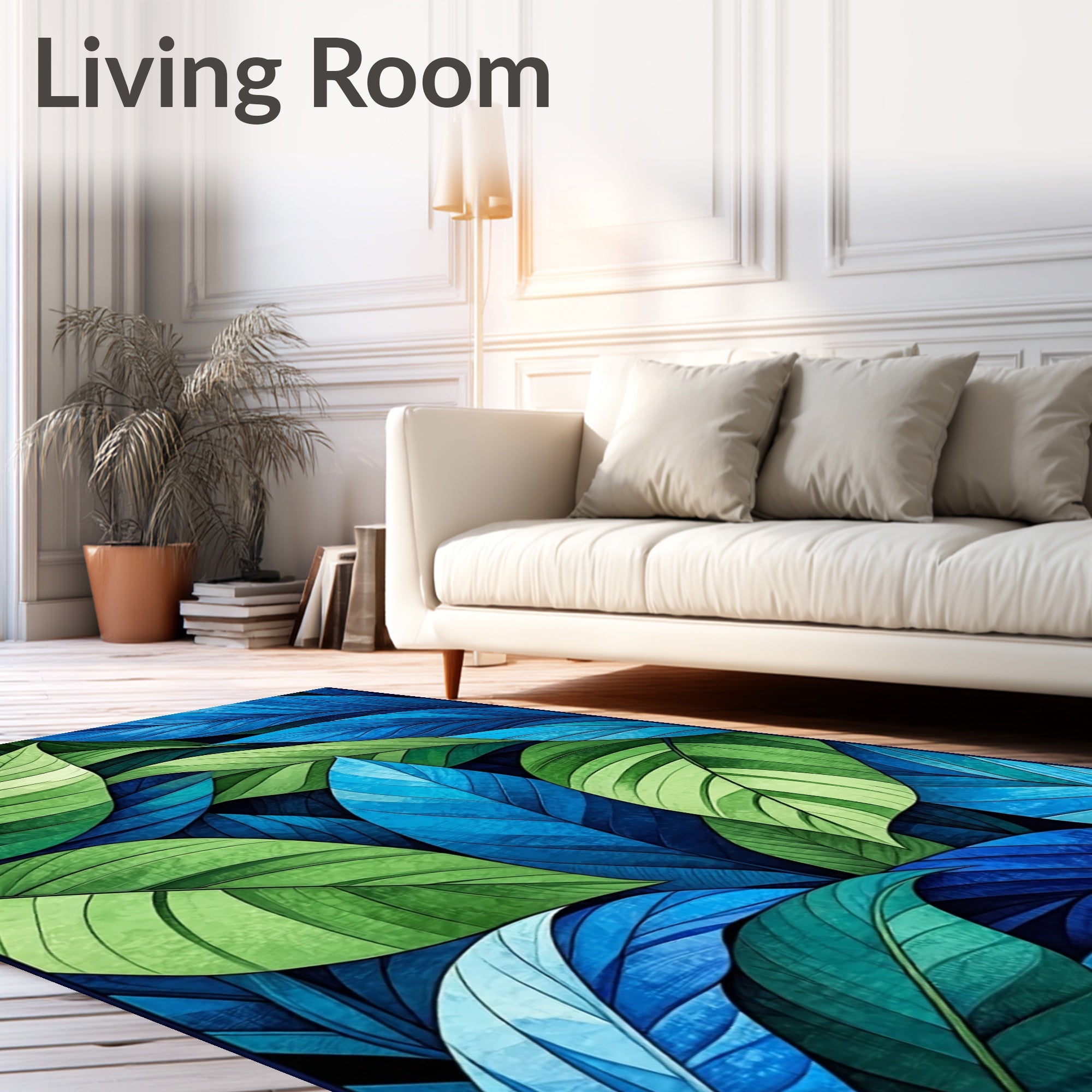 Abstract Leaf Pattern Blue-Green Design Rug