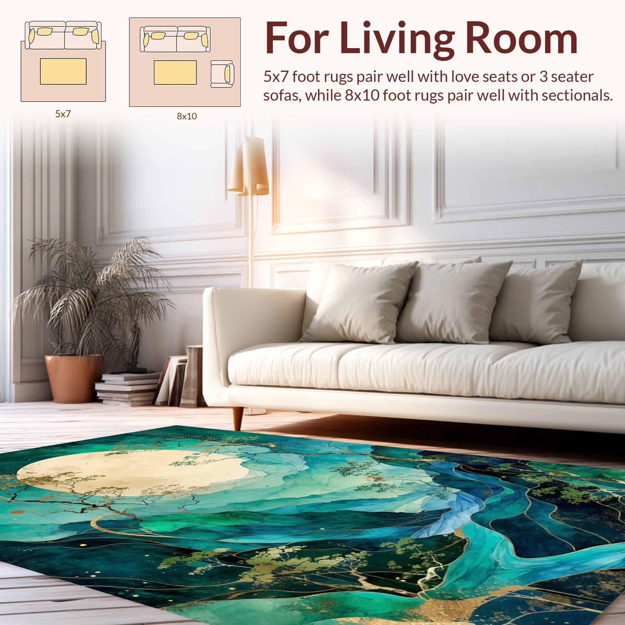 Emerald Gold Abstract Mountain River Scene Rug