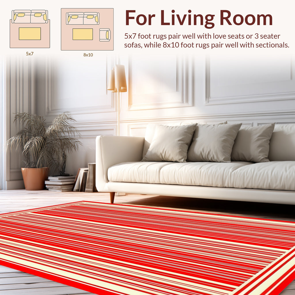 Bold Red White Vertical Stripe Pattern Rug