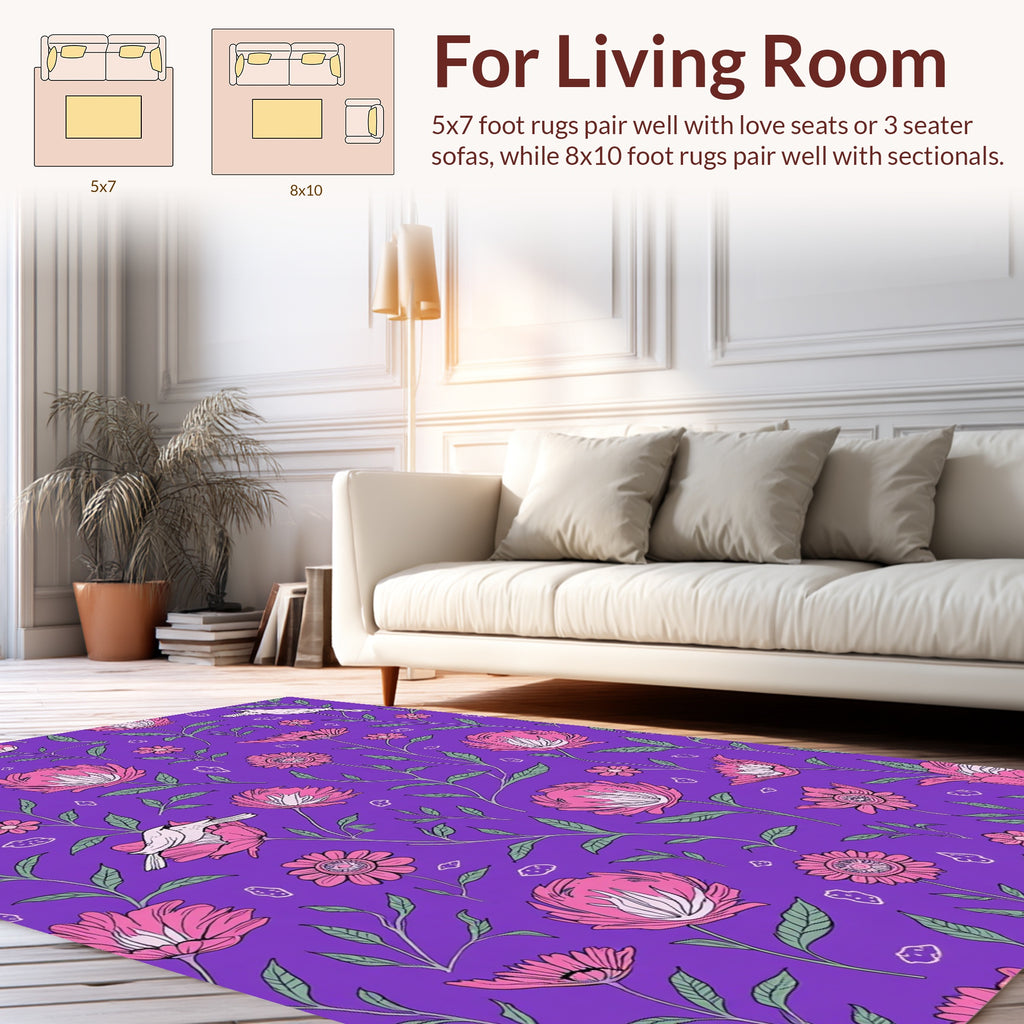Pink Floral Birds on Purple Background Rug