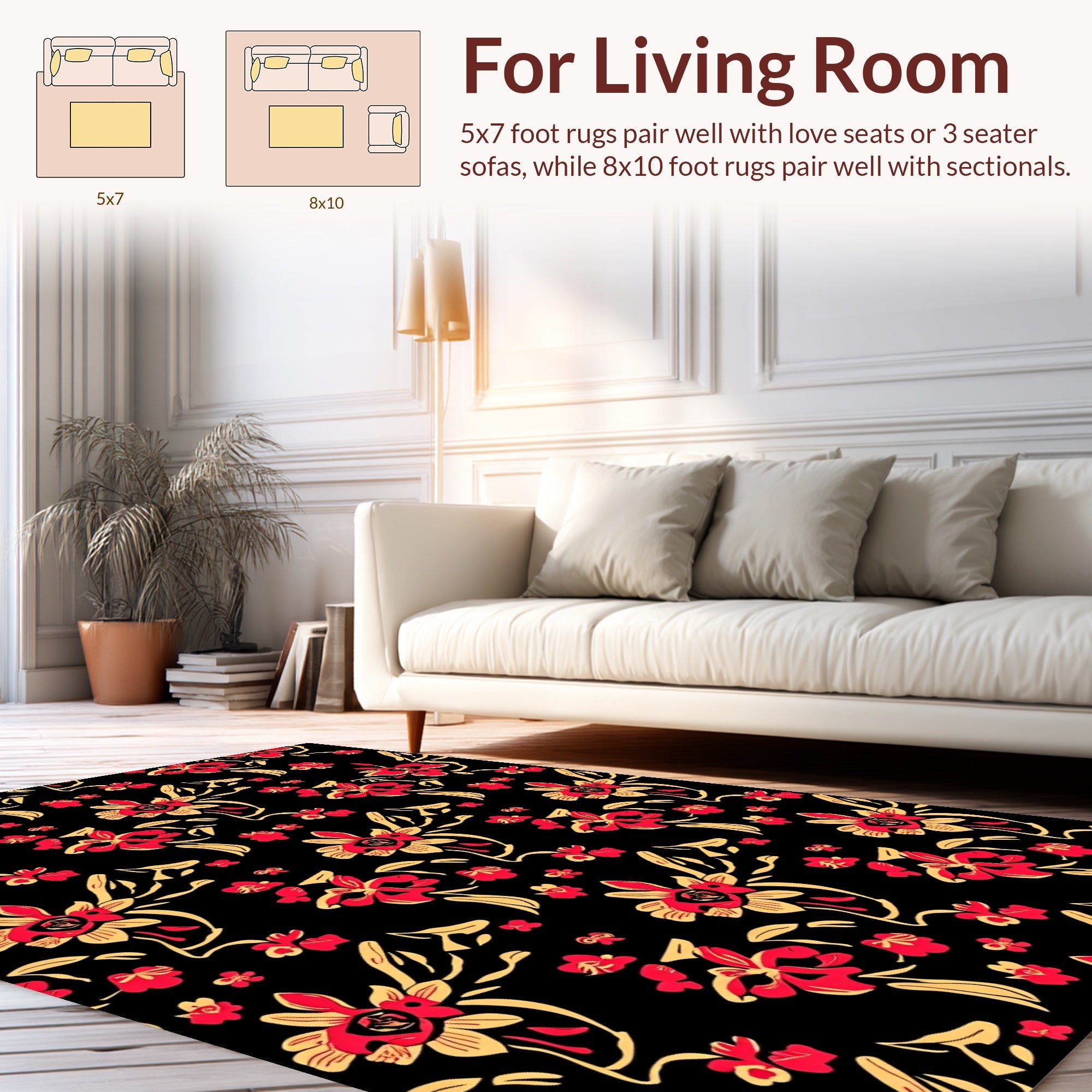 Red Yellow Floral Branches Pattern Rug