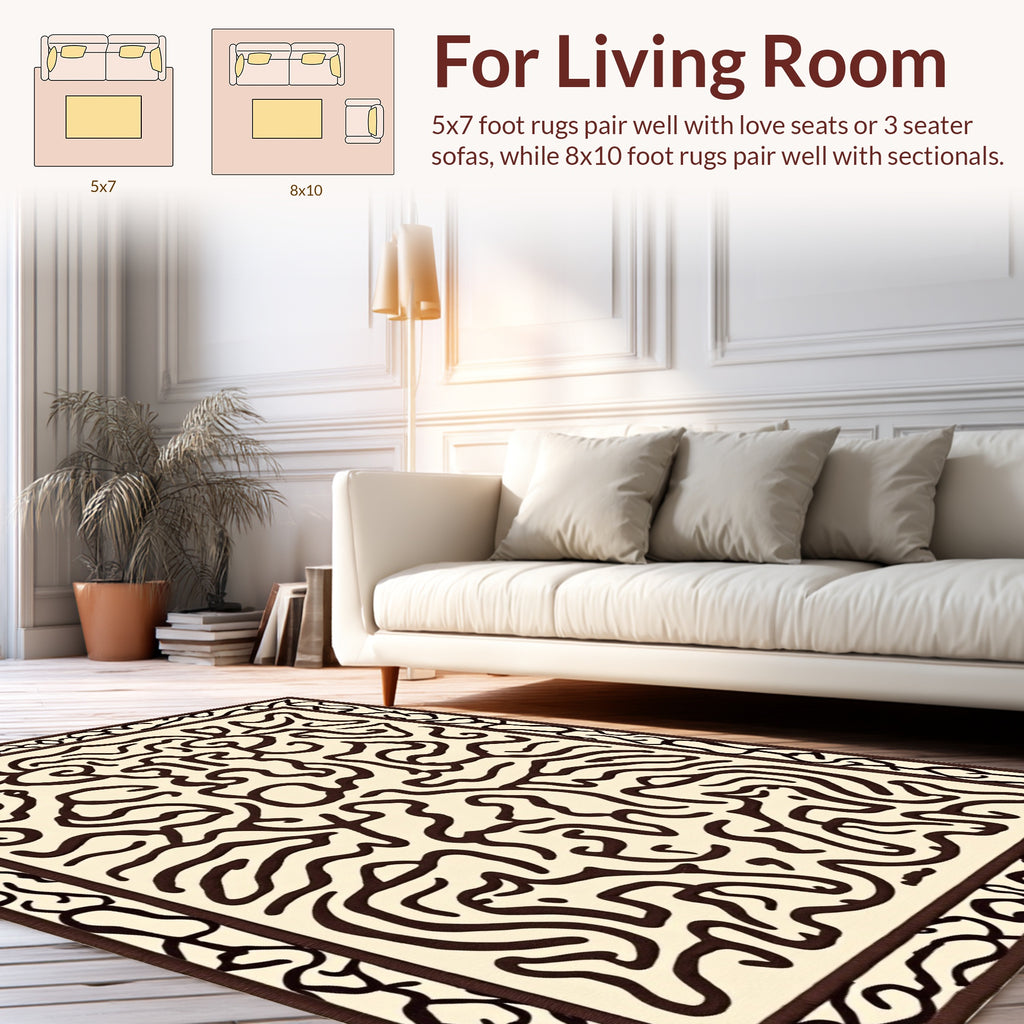 Cream and Brown Abstract Maze Rug