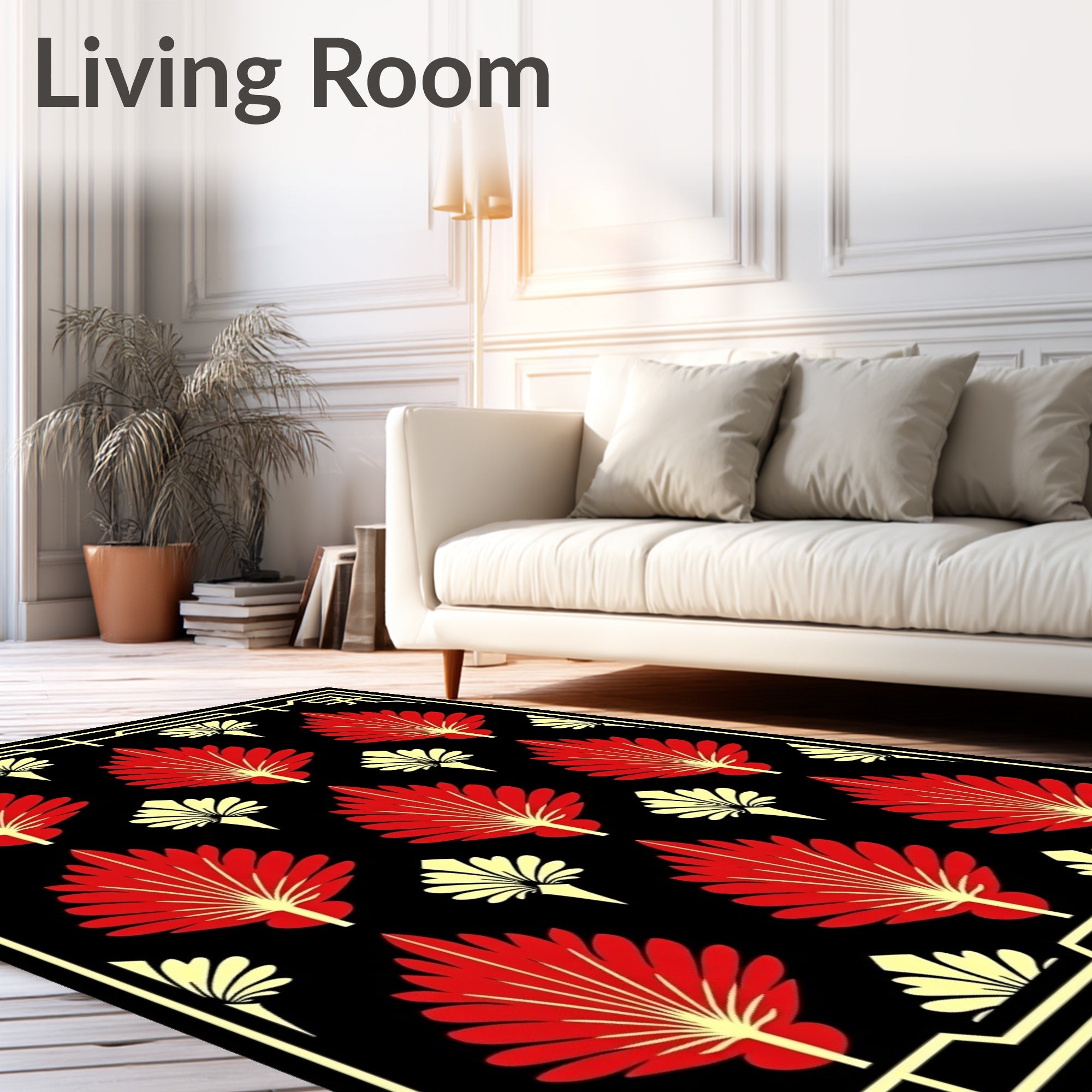 Red Yellow Fan Leaf Border Rug
