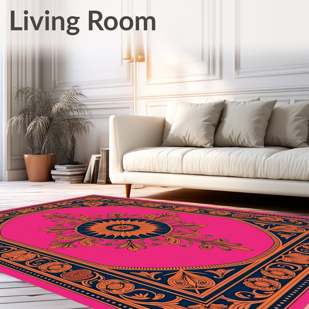 Fuchsia Orange Navy Floral Medallion Round Rug