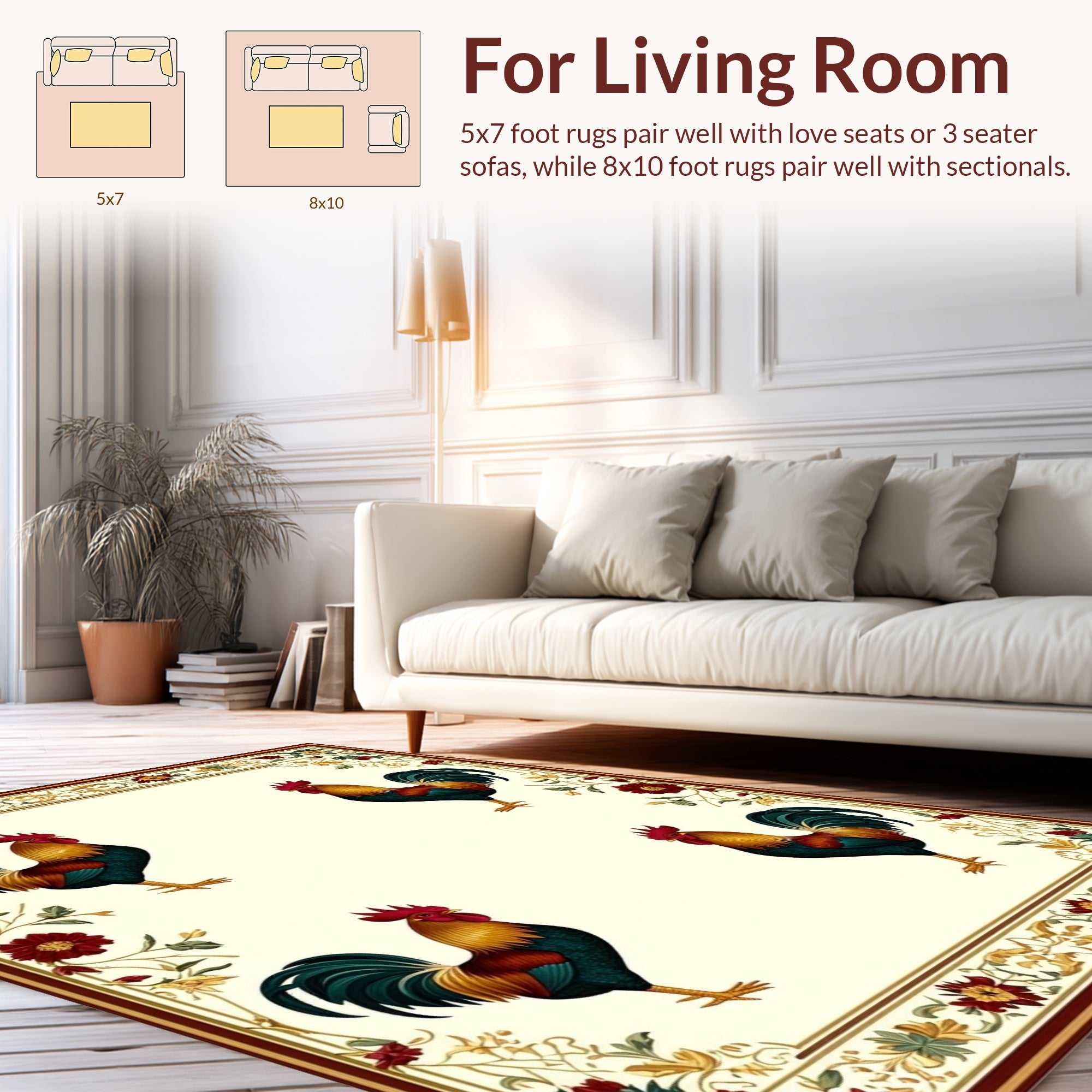 Rooster Floral Border Design Rug