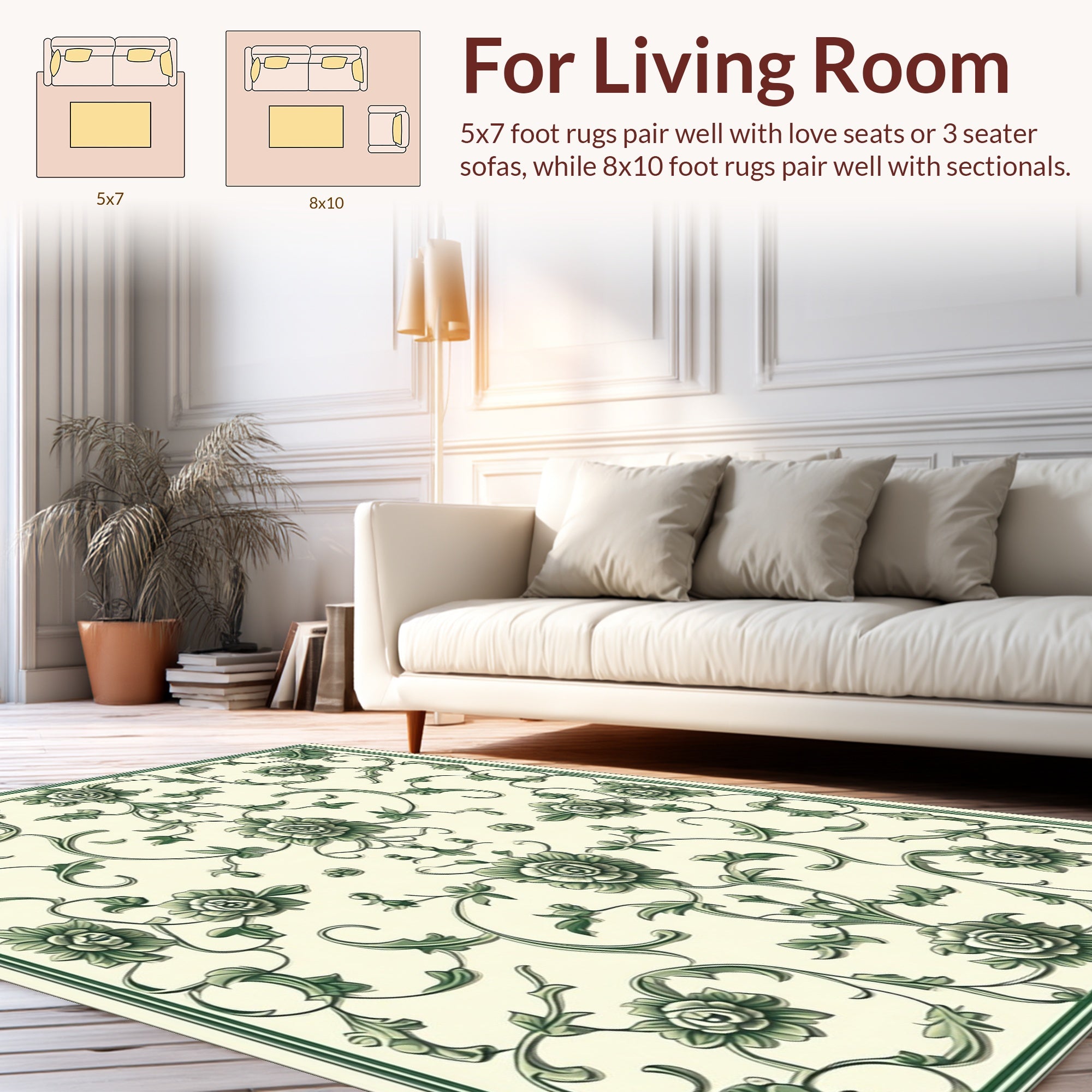 Ornate Green Floral Vine Pattern Rug