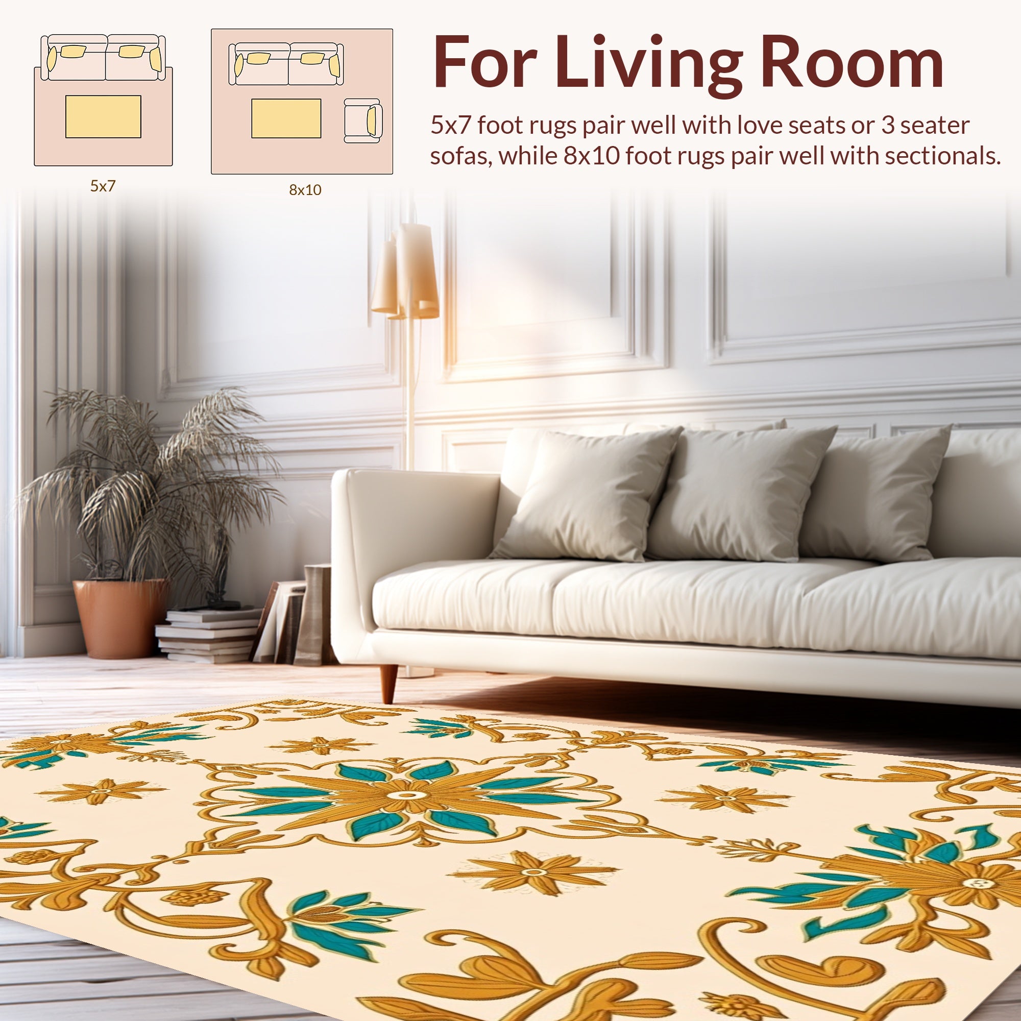 Gold Teal Floral Ornament Pattern Rug