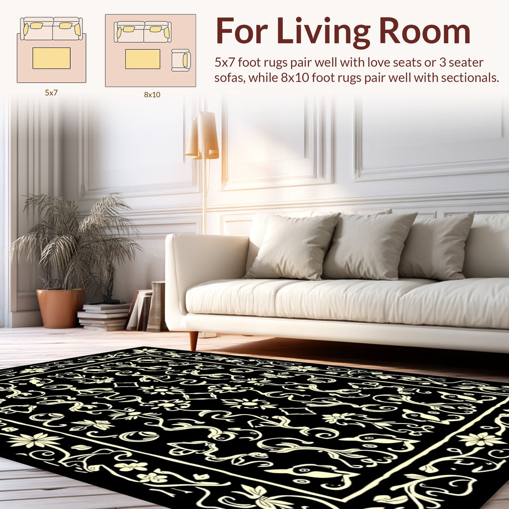 Ornate Floral Scroll Dark Pattern Rug