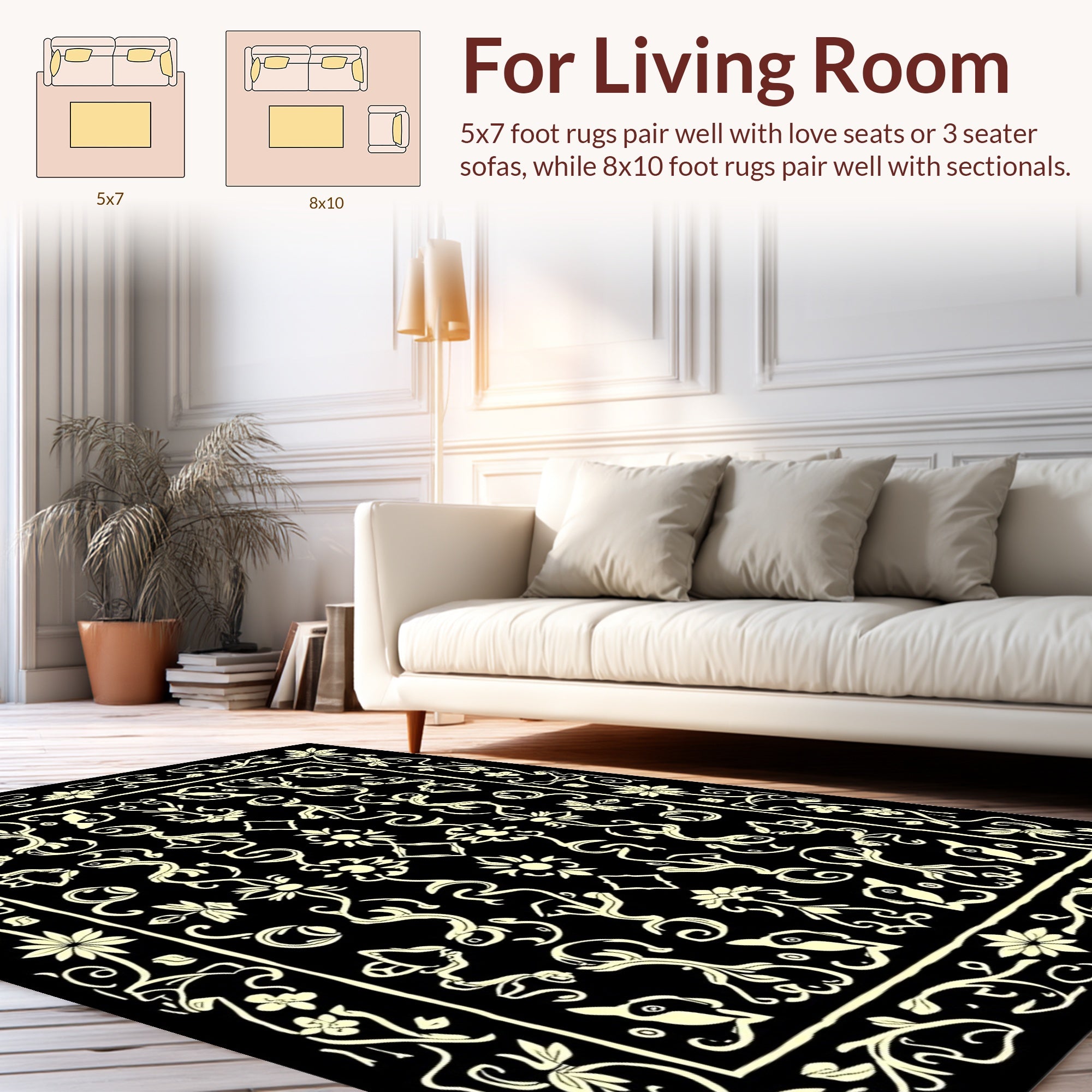 Ornate Floral Scroll Dark Pattern Rug