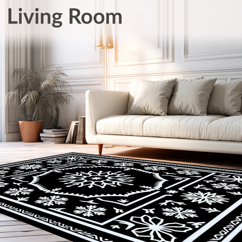 Black White Snowflake Mandala Rug